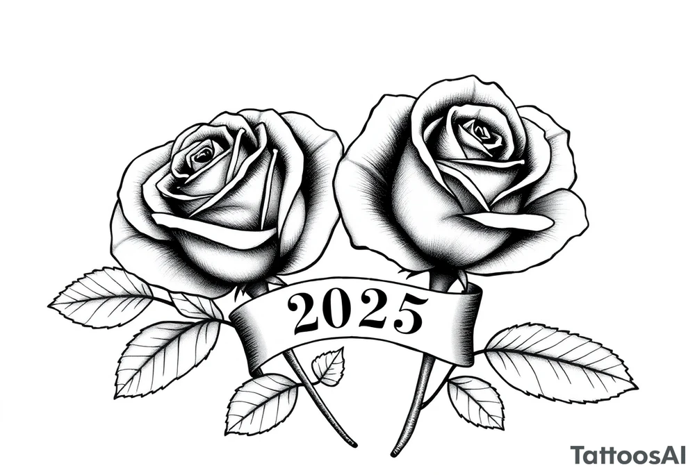 two beautiful large rose buds, one larger than the other, with lots and lots of leaves next to the rose buds, with one sitting slightly higher than the other, side-by-side.  Include a banner connecting the two roses with the year 2025 on it.   Use dark outlines with little shading. Remove all stems from the roses. tattoo idea