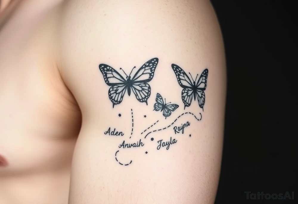 Six Butterflies with kids names streaming down arm  names of kids are Aden, Novaih, Aninna, Rayla, Jayla tattoo idea