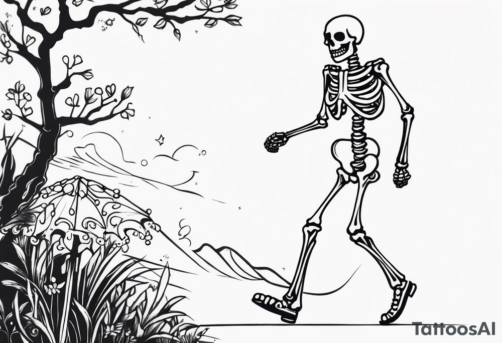 walking happy skeleton tattoo idea