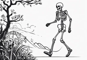 walking happy skeleton tattoo idea