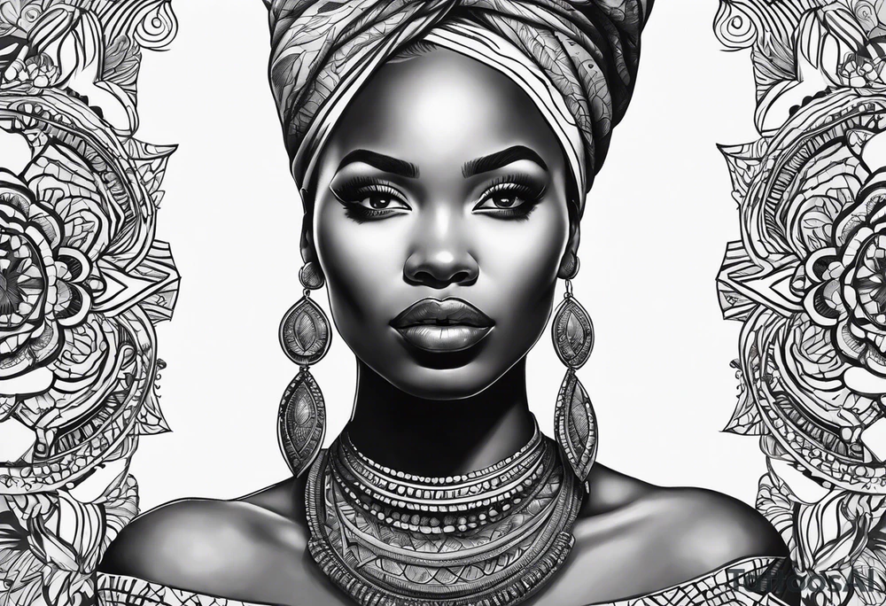 realism, african lady face portrait, cultural tattoo idea