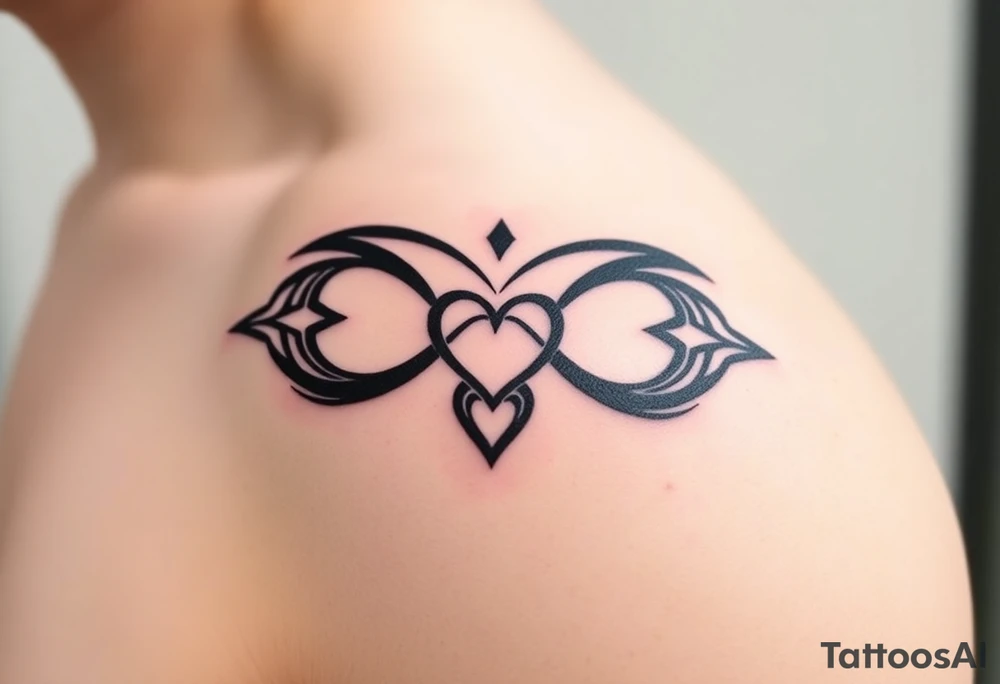 A bold tribal-style infinity symbol with sharp geometric patterns and heart, in black ink with subtle red accents tattoo idea