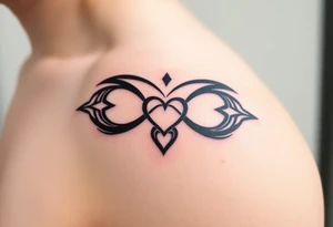 A bold tribal-style infinity symbol with sharp geometric patterns and heart, in black ink with subtle red accents tattoo idea