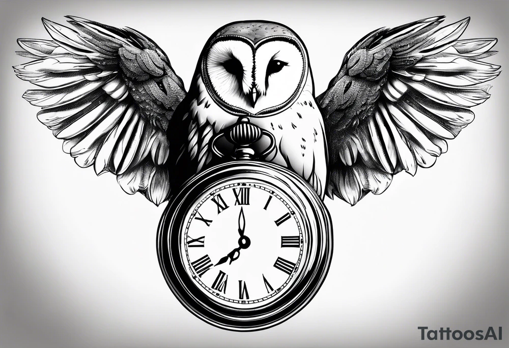 Barn owl holding a pocket watch with the time set at 1:43 tattoo idea