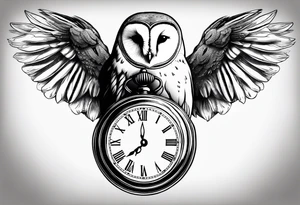 Barn owl holding a pocket watch with the time set at 1:43 tattoo idea