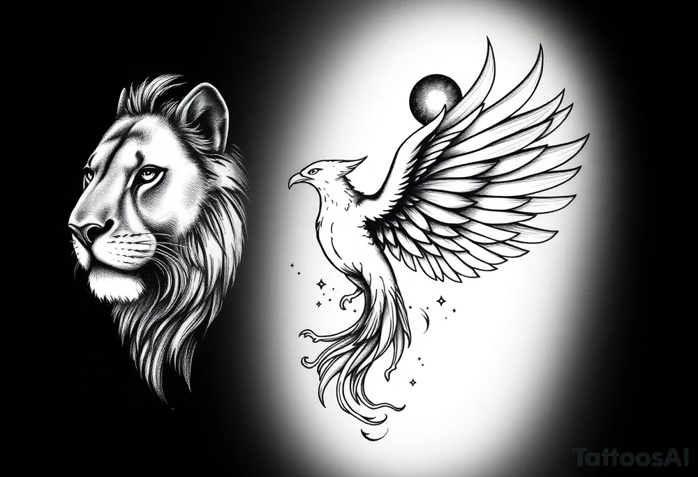 Lion face-on at forearm. phoenix face-on spreading wings evenly and rising from ashes into night sky and Leo zodiac tattoo idea