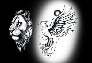 Lion face-on at forearm. phoenix face-on spreading wings evenly and rising from ashes into night sky and Leo zodiac tattoo idea