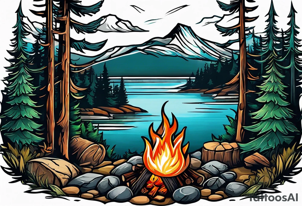 Small campfire on the coast of a mountain stream, in the back is some evergreen tall trees tattoo idea