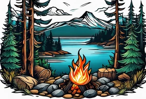 Small campfire on the coast of a mountain stream, in the back is some evergreen tall trees tattoo idea