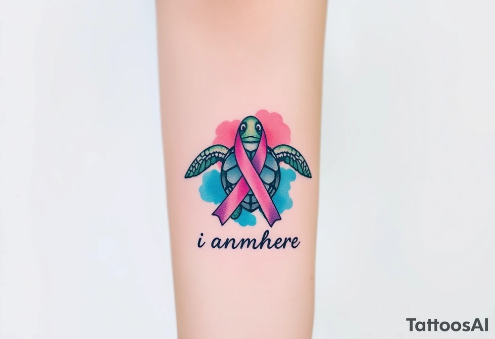 ‘I am here’ with breast cancer pink ribbon as I with Hawaiian theme sea turtle tattoo idea