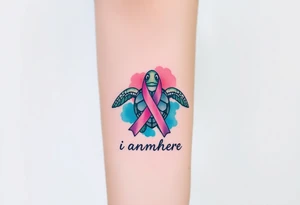 ‘I am here’ with breast cancer pink ribbon as I with Hawaiian theme sea turtle tattoo idea