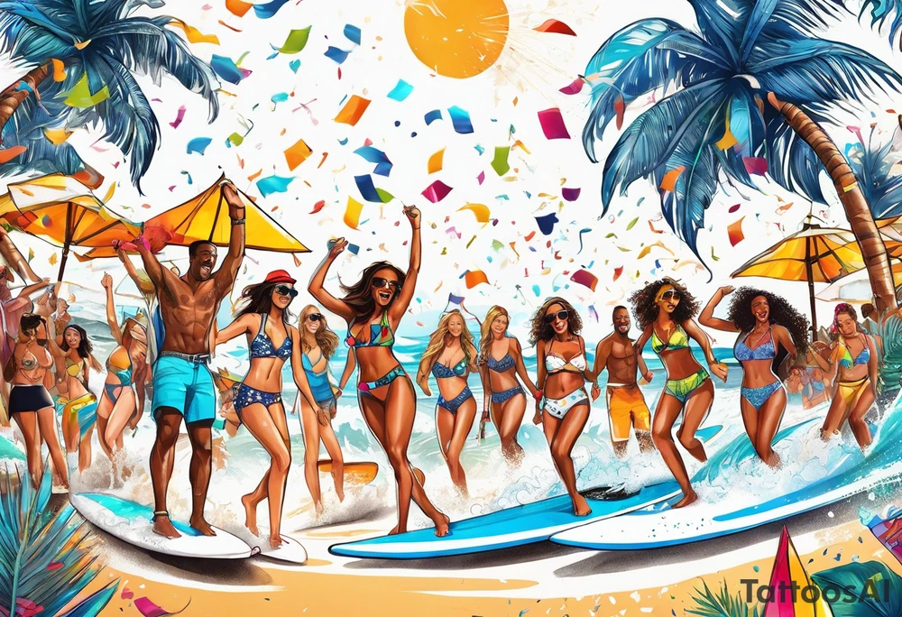 SURFING SAFARI BEACH DANCE 
PARTY WITH CONFETTI AND MUSIC NOTES, TROPICAL DRINKS, SEXY BIKINIS tattoo idea