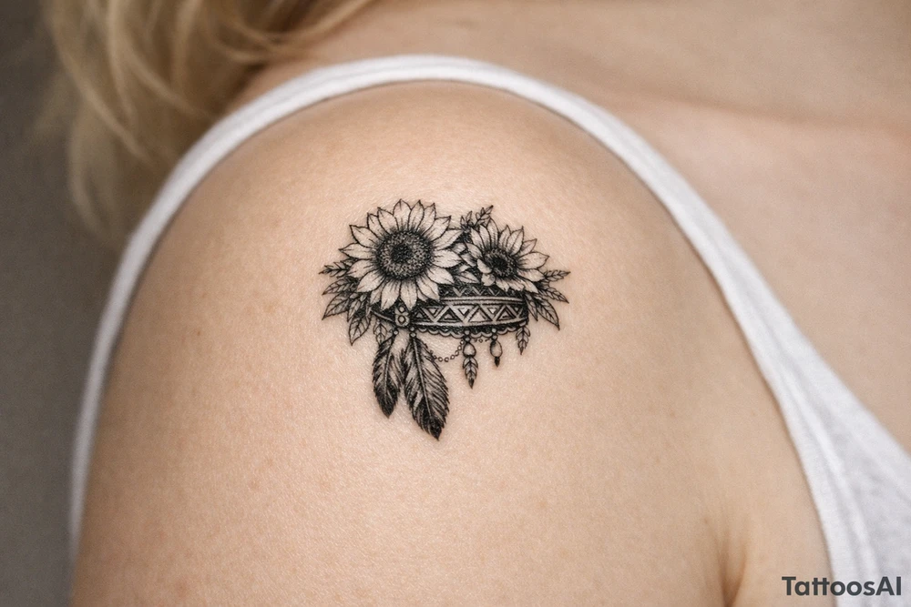sunflowers with feathers and female Indian headband ribbon tattoo idea