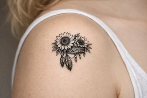 sunflowers with feathers and female Indian headband ribbon tattoo idea