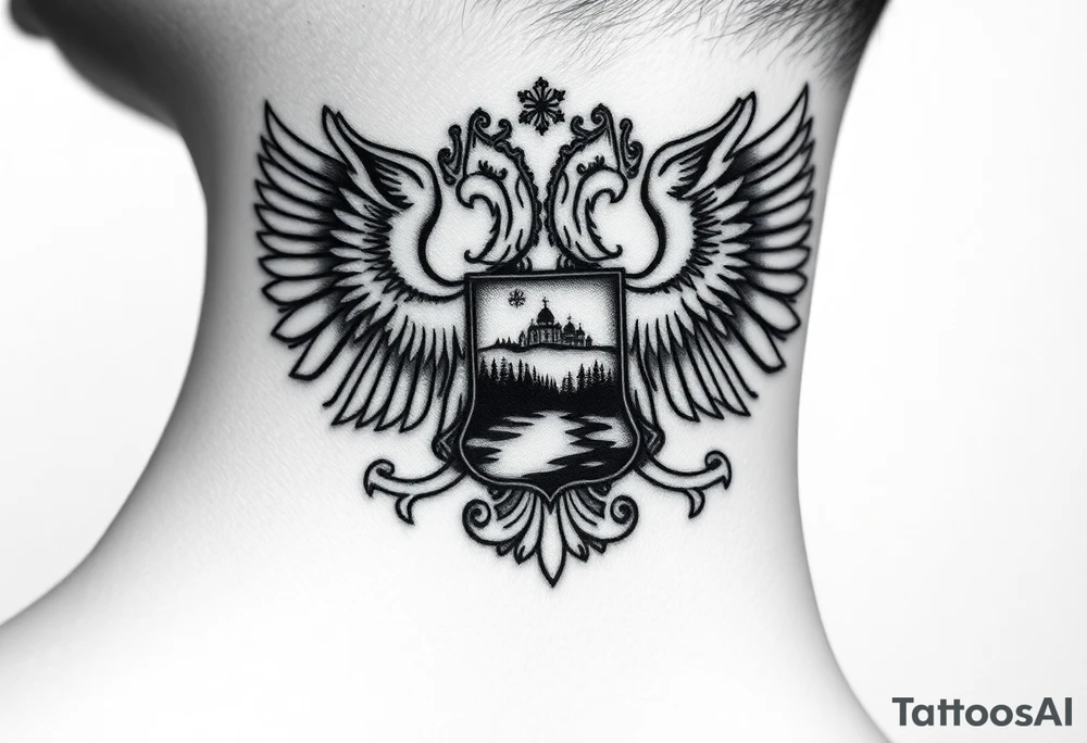 Traditional authentic Russian coat of arms with double headed eagle & a well shaded Christian orthodox virgin marry crest in the middle with silhouette of a lake in a Russian wilderness Christian orthodoxy dome church village setting on the side of my neck tattoo idea