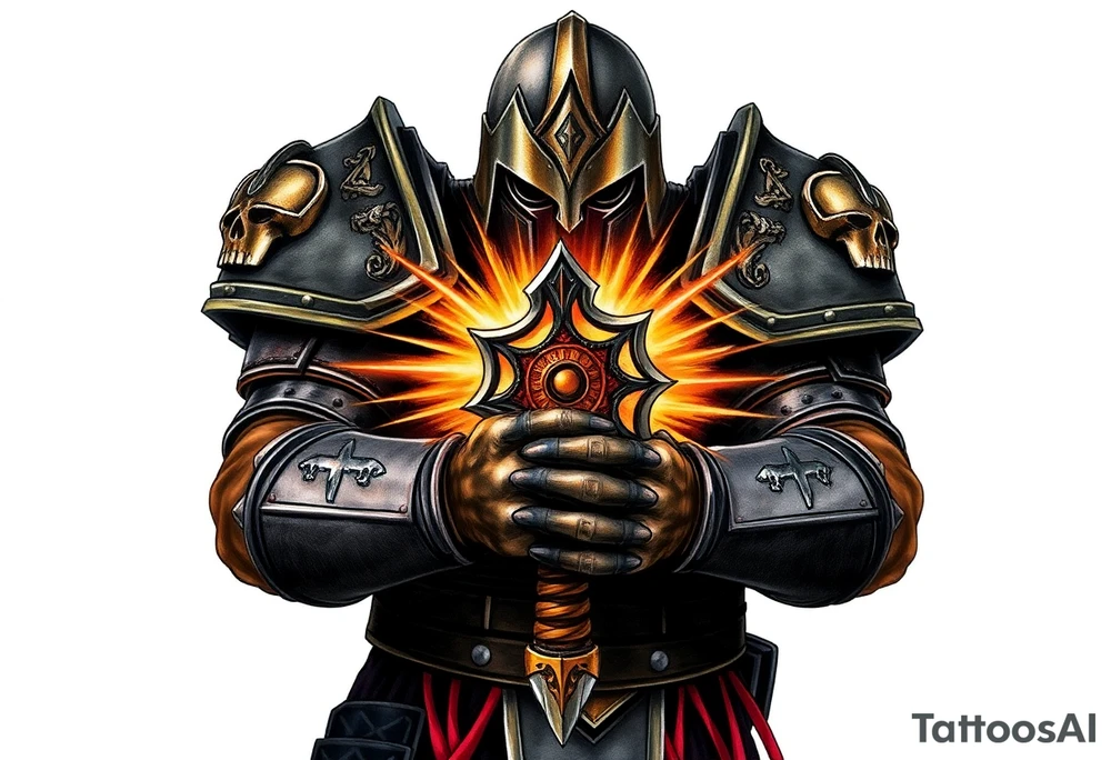 Warhammer, the Old World. A warrior priest of Sigmar holding The Warhammer of Sigmar. The Warhammer of Sigmar is radiating thunderous energy. The Warhammer is held by the warrior priest with both hands upon his chest level. The Warrior priest is wearing dark alloyed heavy armour (reference armor from warhammer vermintide 2 Victor Saltzpyres, the warrior priest of Sigmar class) with skull sigils on his shoulder pads. The warrior priest is wearing a helmet, while the helmets front visor has an humanoid face covering. The helmet and armour are gladened with hints of gold and crimson red. The Warhammer is silverish and golden with a long handle tattoo idea