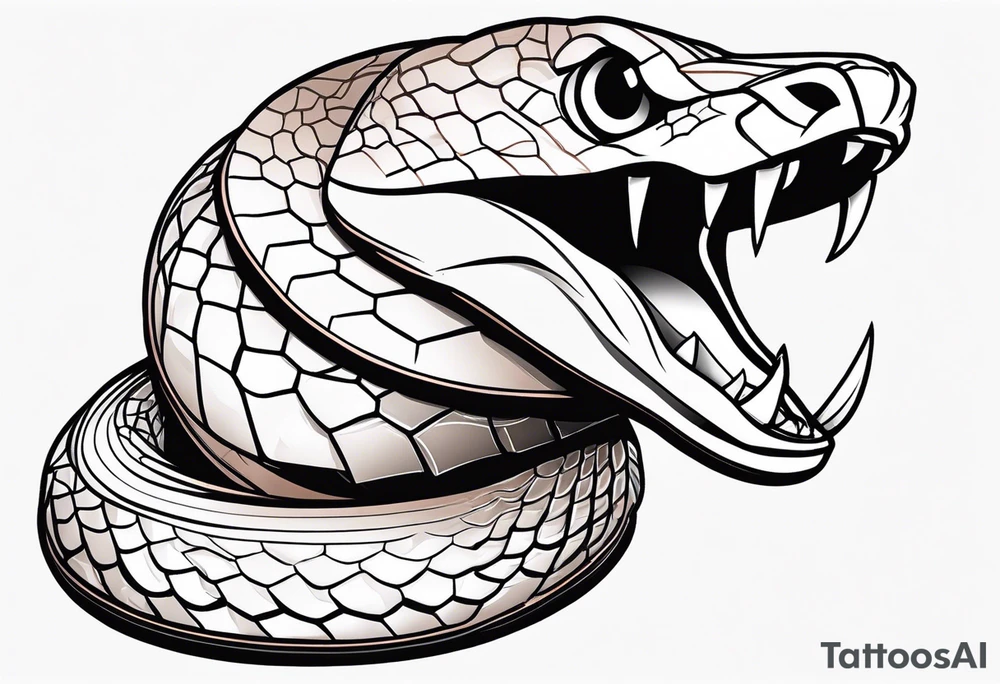 Copperhead with just the head turned up and mouth open and black and white with copper colored eyes tattoo idea