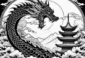 Dragón and samurai in zen circule, tori gate tattoo idea