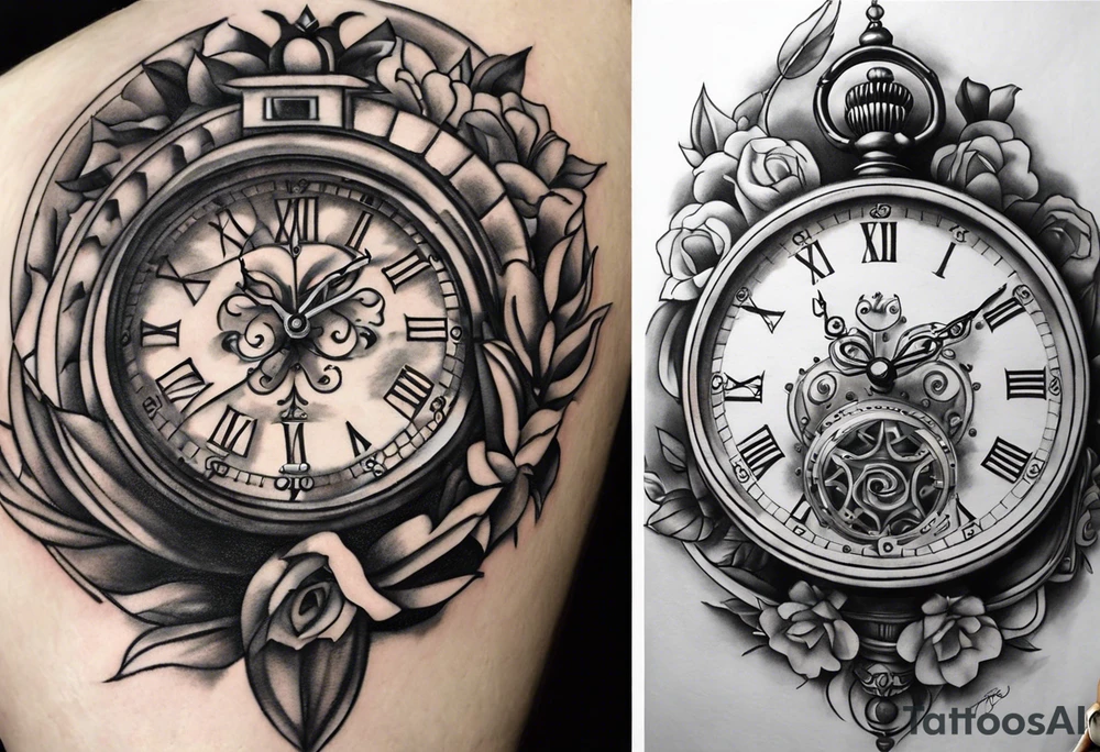 Dessine-moi un tattoo représentant une horloge dans un sabier  . En second plan on retrouve des chiffres romains. Le tatouage est noir et blanc et se porte sur l'épaule gauche tattoo idea