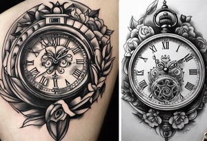 Dessine-moi un tattoo représentant une horloge dans un sabier  . En second plan on retrouve des chiffres romains. Le tatouage est noir et blanc et se porte sur l'épaule gauche tattoo idea