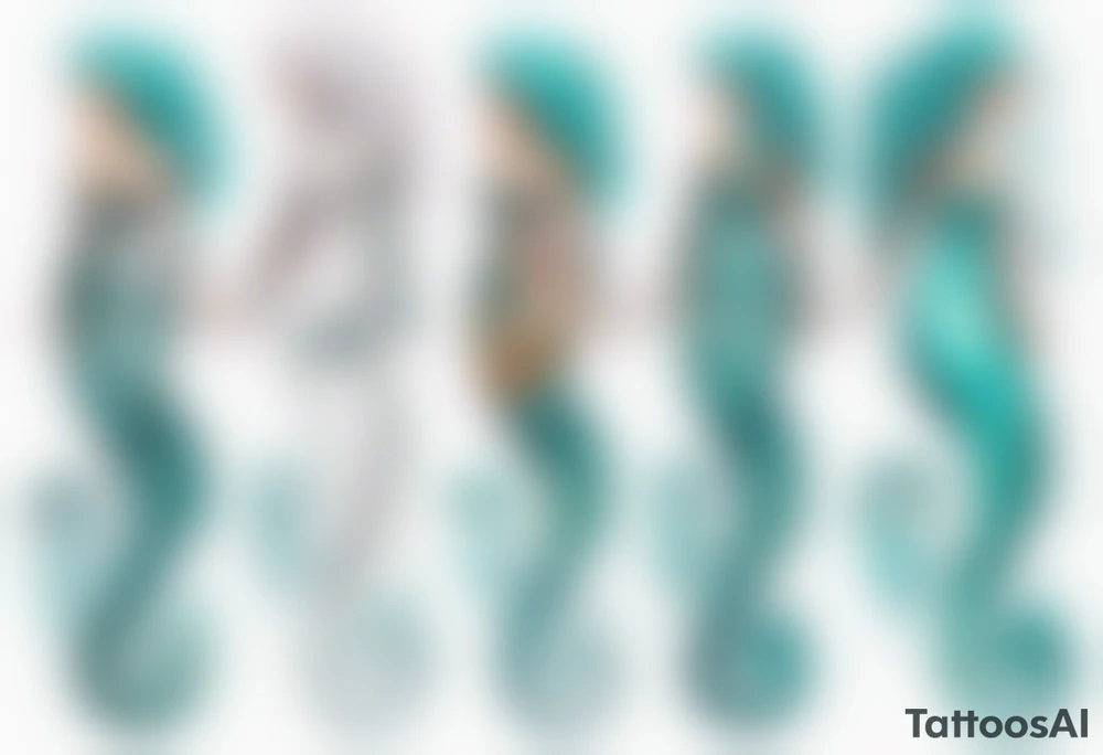 a tall woman made of water with turquoise hair riding a seahorse tattoo idea