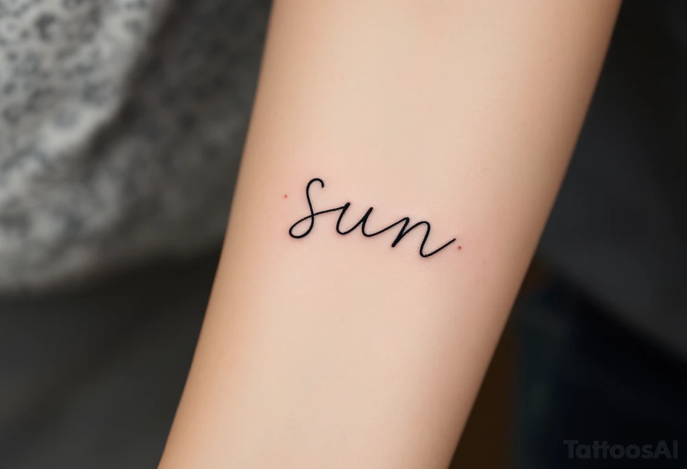 Word "Sun" written vertical with small sunflower in pink tattoo idea