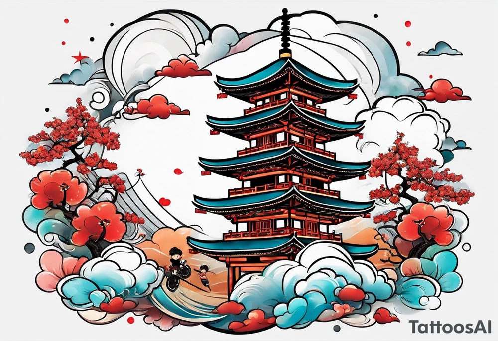 2 children playing together in japanese clouds tattoo idea