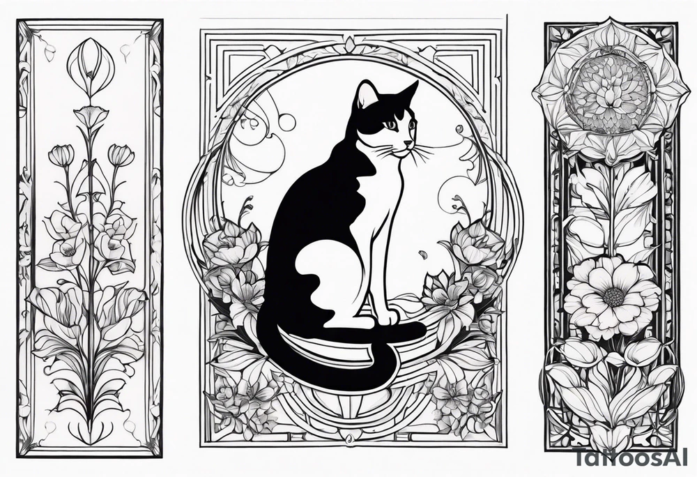 Art nouveau forearm tattoo of cat in flowers tattoo idea