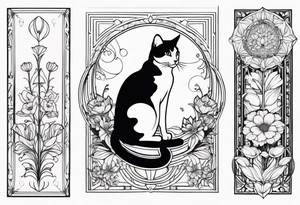 Art nouveau forearm tattoo of cat in flowers tattoo idea