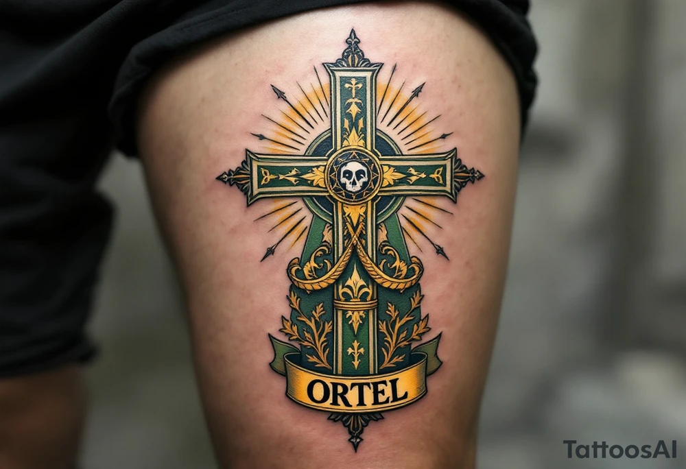 Soft green and gold, with a large cross and medieval Czech symbols, signifying the sacred heritage of the nation with word ORTEL beneath. tattoo idea