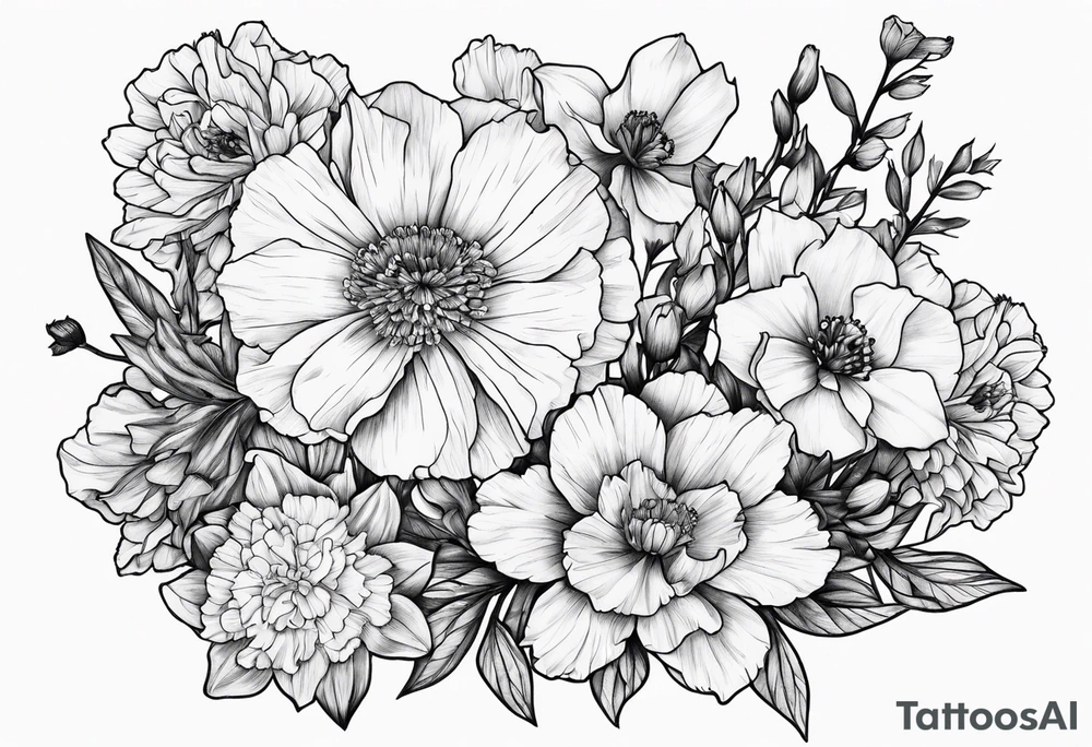 Carnations, aster, daffodil, poppy, hawthorn, larkspur tattoo idea