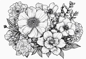 Carnations, aster, daffodil, poppy, hawthorn, larkspur tattoo idea