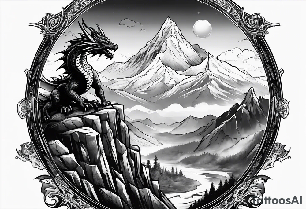 Slyrim mountain landscape with bleak falls barrow and a dragon eye in the sky tattoo idea
