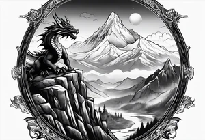 Slyrim mountain landscape with bleak falls barrow and a dragon eye in the sky tattoo idea