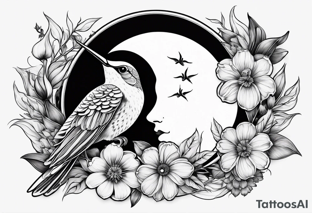 Floral sun and moon with hummingbird tattoo idea