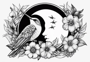 Floral sun and moon with hummingbird tattoo idea