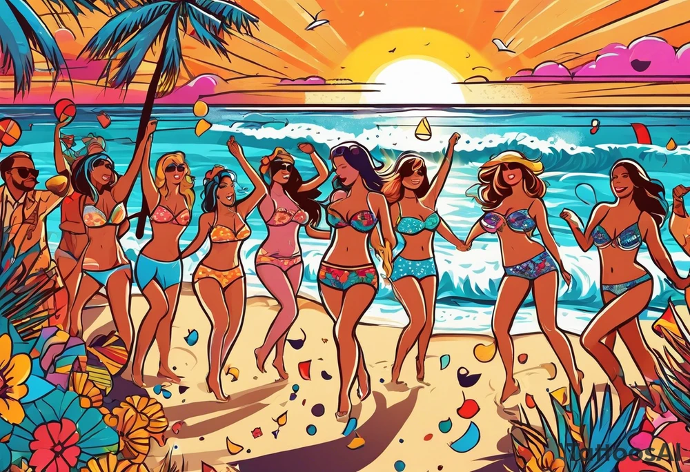 1960'S BEACH DANCE PARTY 
party, include confetti, music notes, 
, bikinis sunset in the center tattoo idea