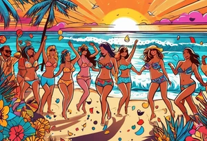 1960'S BEACH DANCE PARTY 
party, include confetti, music notes, 
, bikinis sunset in the center tattoo idea