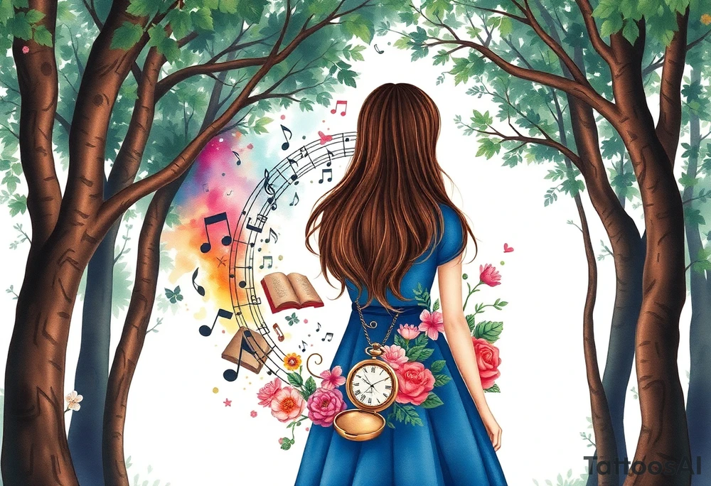 Surreal Back view of the silhouette of a brown hair girl in a blue dress inside a forest. She is following a colorful swirl of music notes, books, and flowers. A pocket watch is at the end of the swirl. tattoo idea
