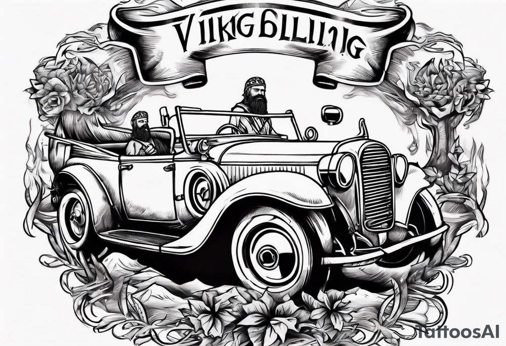 A Viking driving a vintage car drinking a beer tattoo idea A Viking driving a vintage car drinking a beer tattoo idea