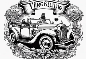 A Viking driving a vintage car drinking a beer tattoo idea