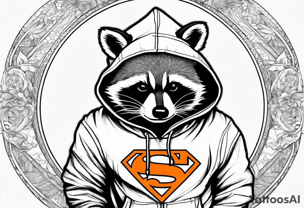 Raccoon wearing an orange Superman hoodie tattoo idea