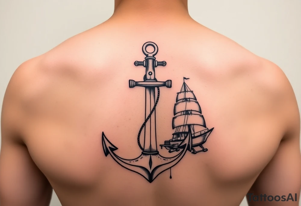 bold man with anchor and yacht tattoo idea