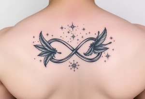 infinity symbol woven with floating feathers and stardust tattoo idea