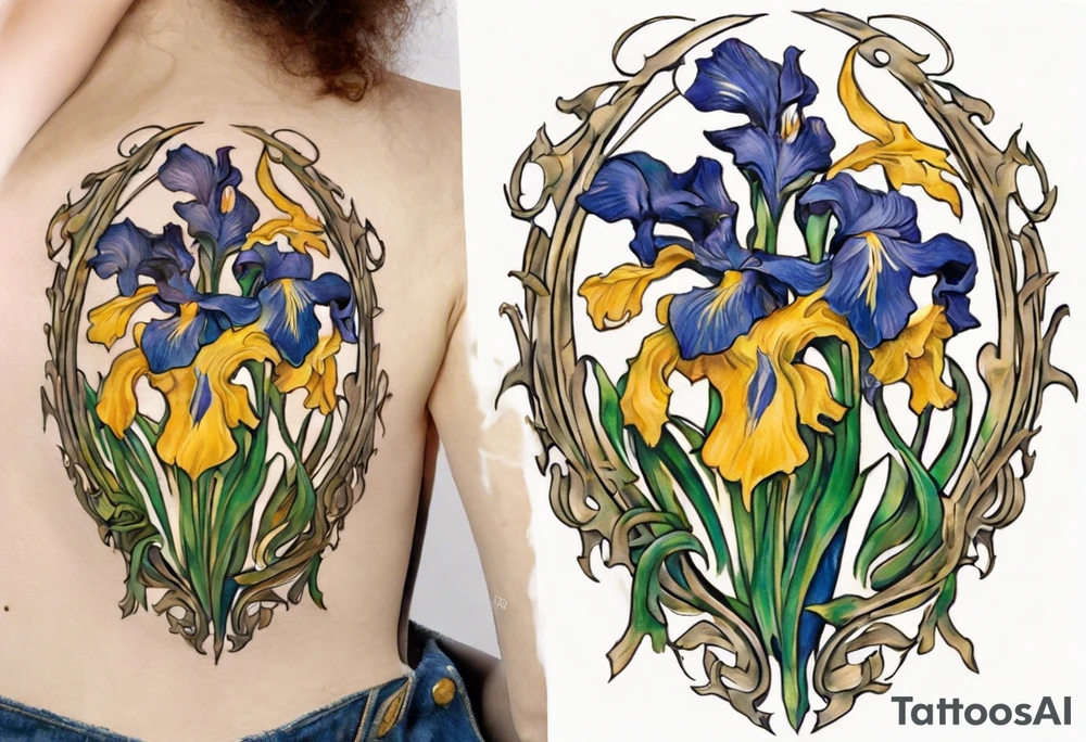 Create a colorful Vincent van Gogh Irises tattoo with Athena's shield and spear. The tattoo should take the form of a crescent, with vines gracefully intertwining at a central point in the middle of the wreath.  The intended placement is on the upper chest. The overall design should be small in size while maintaining a delicate and artistic aesthetic. Pay attention to the graceful flow of the vines and the placement of the irises to achieve a refined and elegant look. tattoo idea