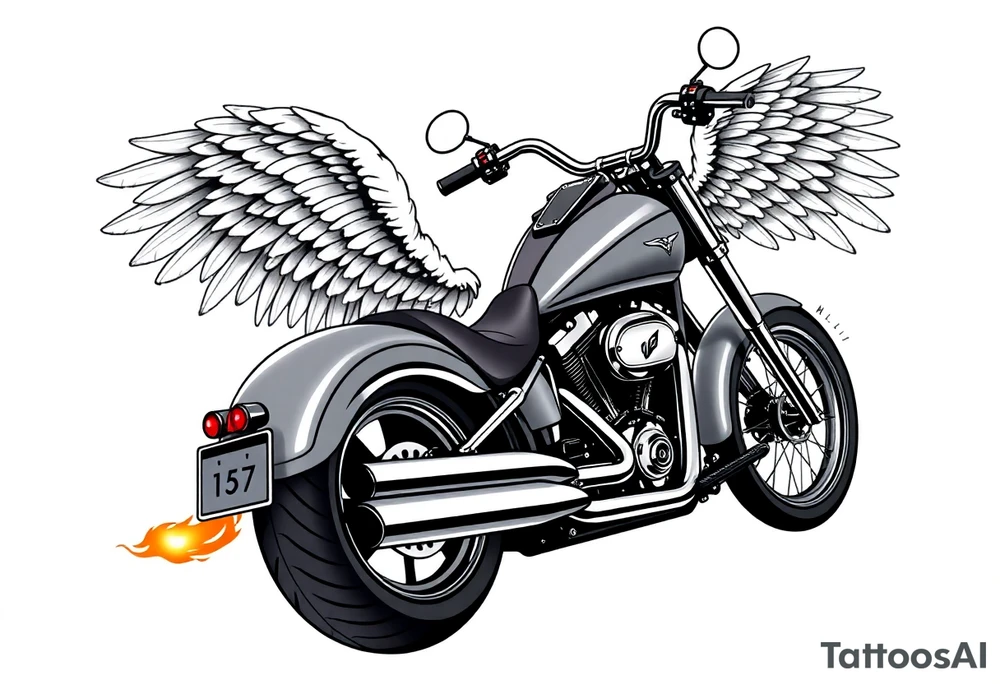 Low rider grey motorcycle, big muffler pipes with flames, angel wings, driving away, no person tattoo idea