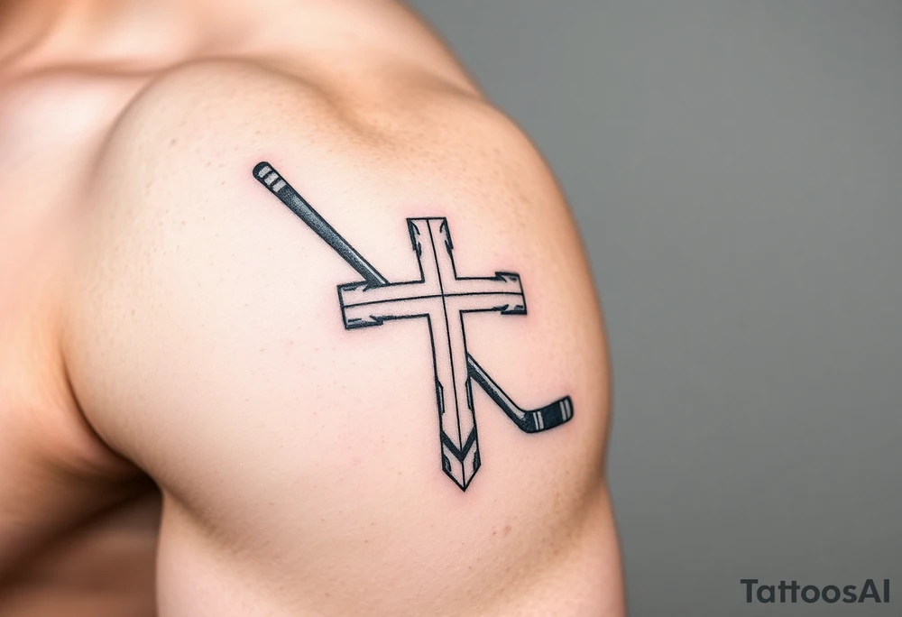 Realistic hockey stick made as a cross tattoo idea