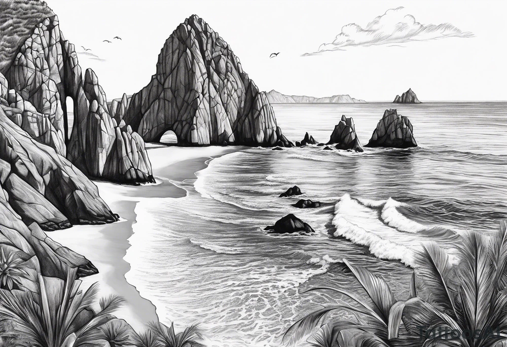 Cabo San Lucas beach with the famous rock formation overlooking ocean tattoo idea
