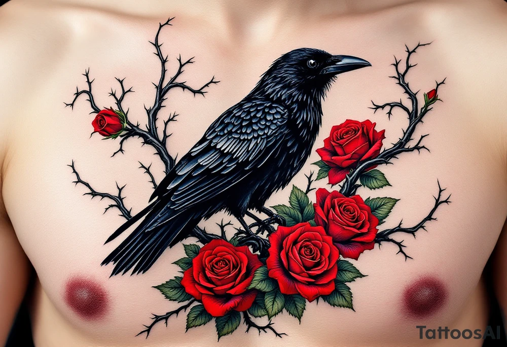Crow in Thorn Bush – A perched crow surrounded by twisted black thorns and blood-red roses. Gothic realism with rich red and deep green accents. tattoo idea