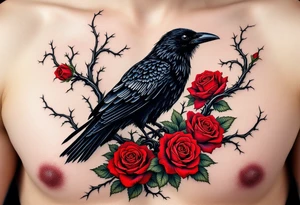 Crow in Thorn Bush – A perched crow surrounded by twisted black thorns and blood-red roses. Gothic realism with rich red and deep green accents. tattoo idea
